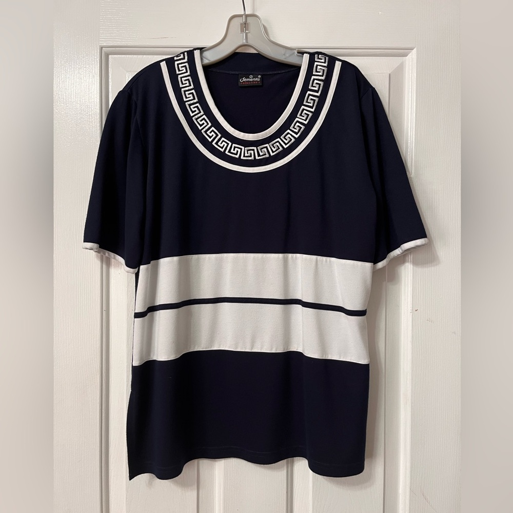 Navy Blue and White Top with Embroidered Accent on the neckline